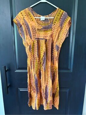 Vtg Colors Me Cotton Boho Abstract Print Tunic Dress XS Orange Brown Green